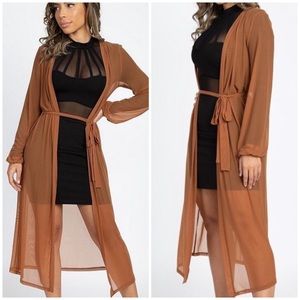 Sheer mesh knee length open front cardigan